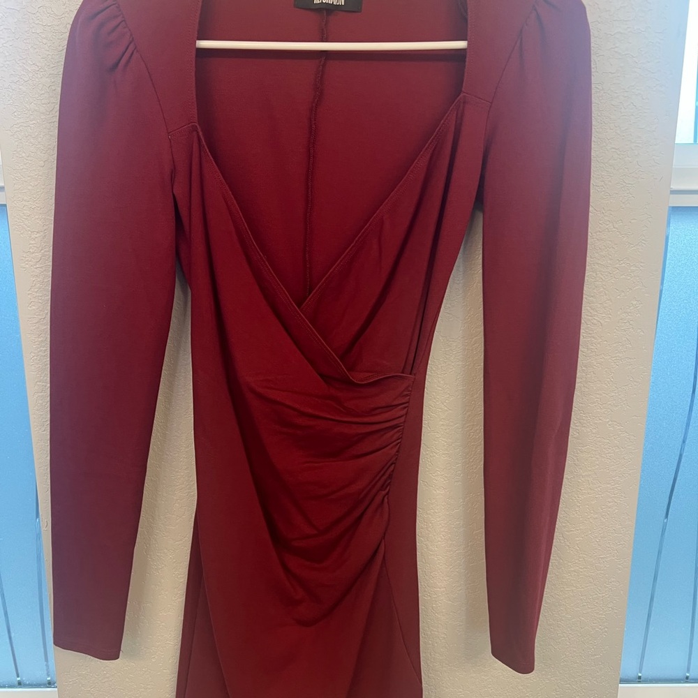 Reformation Red Ruched Wrap Dress with Bishop Sleeves